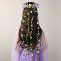 Forest Style Floral Garland Headband with Long Tassels and Green Leaves for Brides and Stage Performances
