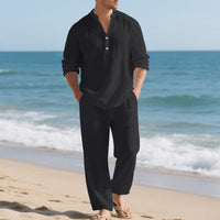 Men's Loose Fit V-Neck Henley Shirt & Long Pants Linen Blend Casual Set