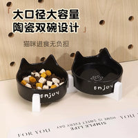 Ceramic Cat Bowl with Wooden Stand, Elevated Pet Food and Water Dish for Cats and Small Dogs, Tilted Anti-Vomit Design
