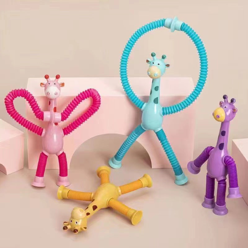 Glow Stretch Giraffe Telescopic Tube Toy, Cartoon Suction Cup Sensory Fidget Toy for Parent-Child Interactive Play, Stress Relief Toy