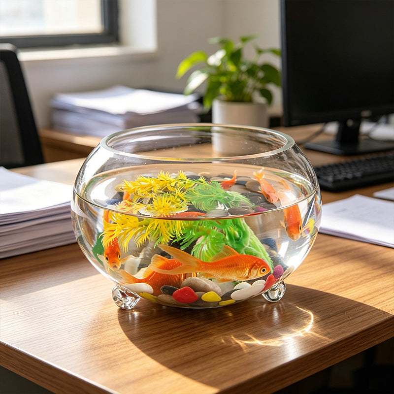 Round Three-Leg Glass Fish Tank Mini Desktop Aquarium for Home Office Decor