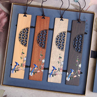 Exquisite Hand-Painted Floral Bird Wooden Bookmark with Pen Gift Set