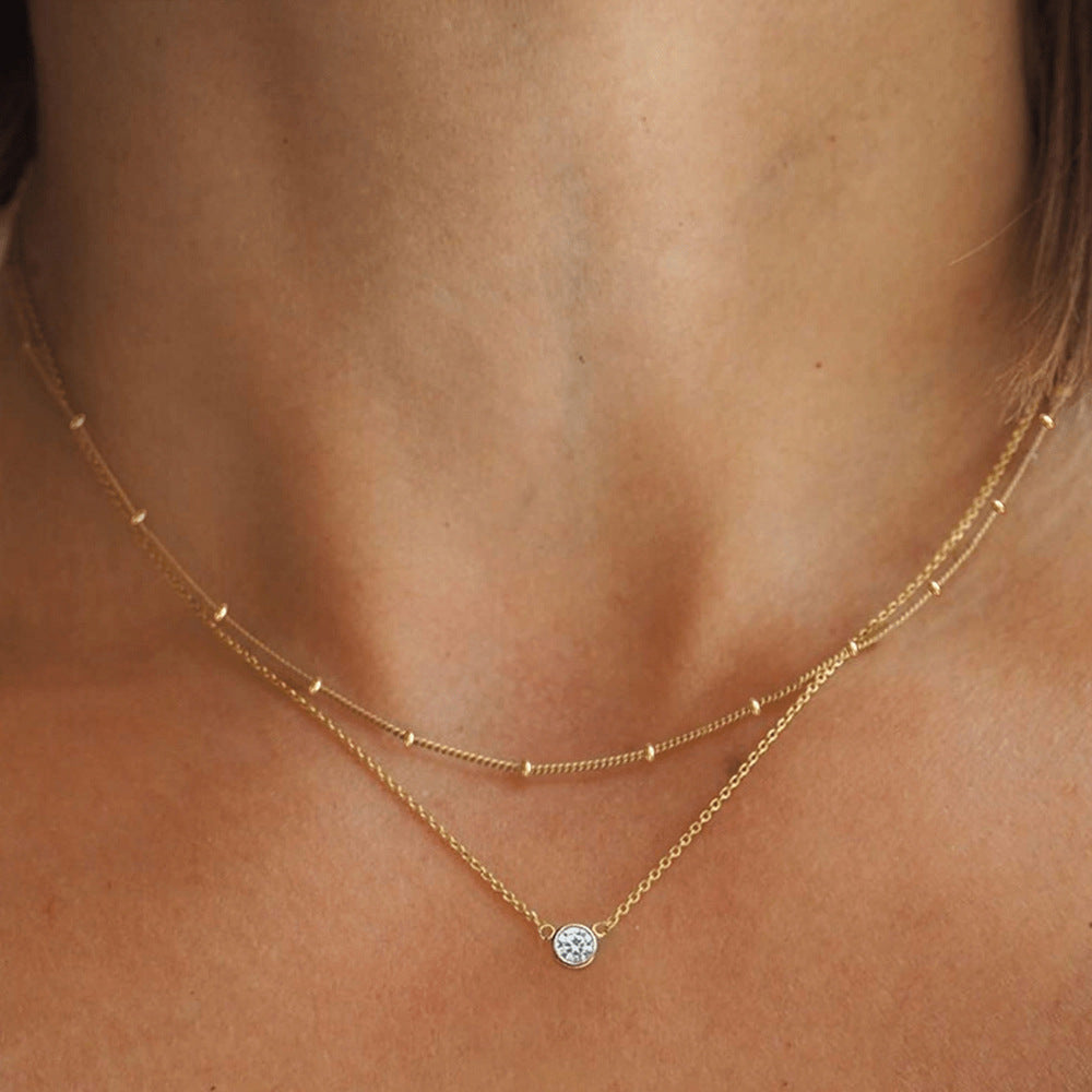 Elegant Double-Layer Stainless Steel Necklace with Single Diamond Pendant for Women