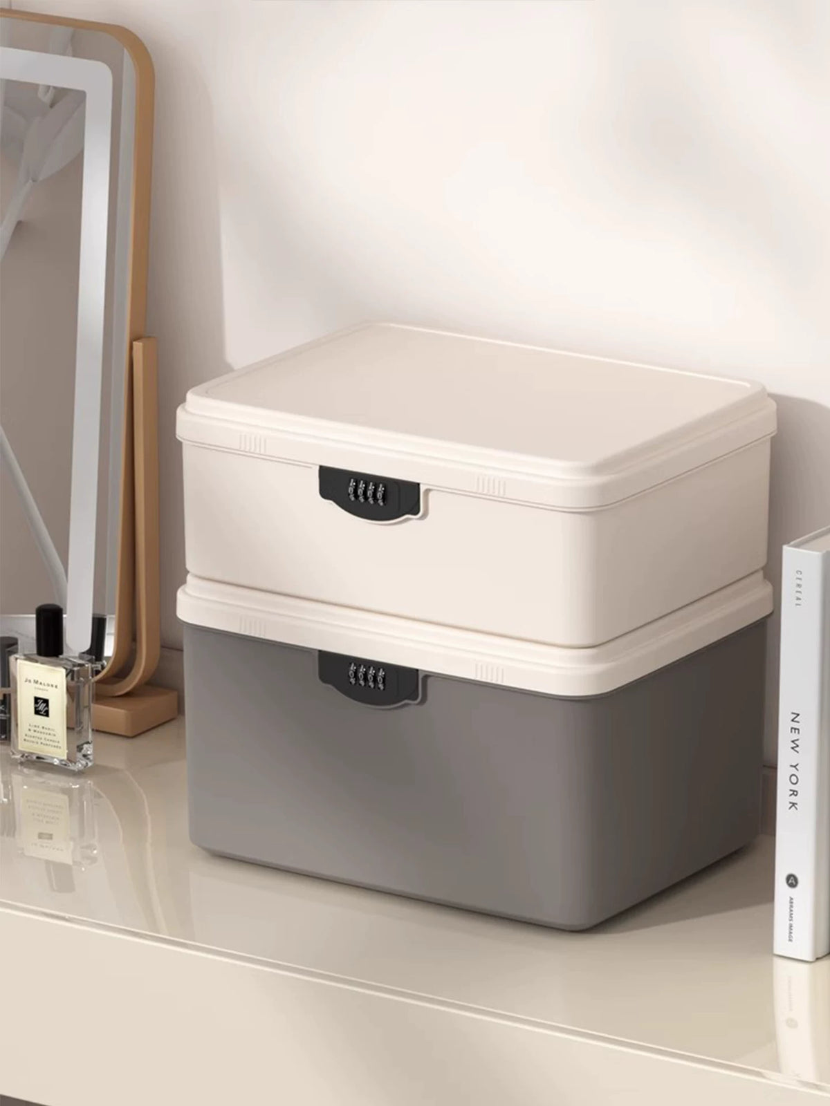 Lockable Desktop Storage Box with 4-Digit Combination Lock, Large Capacity Organizer for Jewelry, Keys, Phone and Tablet