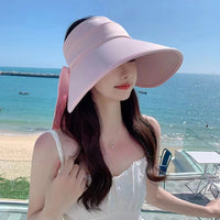 Women's UV Protection Wide Brim Sun Visor Hat with Neck Flap and Bow Detail