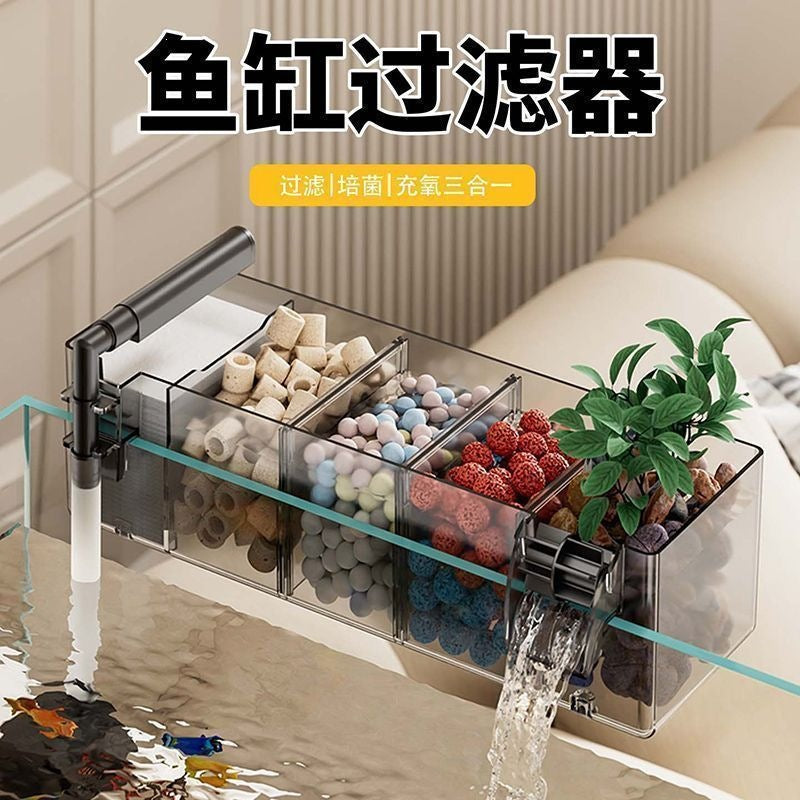 Aquarium External Hang-On Back Filter with Rain Shower Drip Box, 3-in-1 Water Purification System