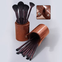 12-Piece Coffee Brown Makeup Brush Set with Portable Holder