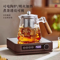 Heat-Resistant Glass Teapot with Wooden Side Handle for Blooming Tea & Boiling Water, Teaware Set