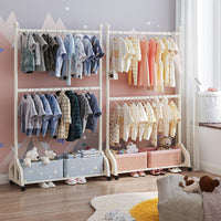 Kids Room Adjustable Double-Layer Garment Rack with Wheels, Cream Style Floor-Standing Clothes Hanger