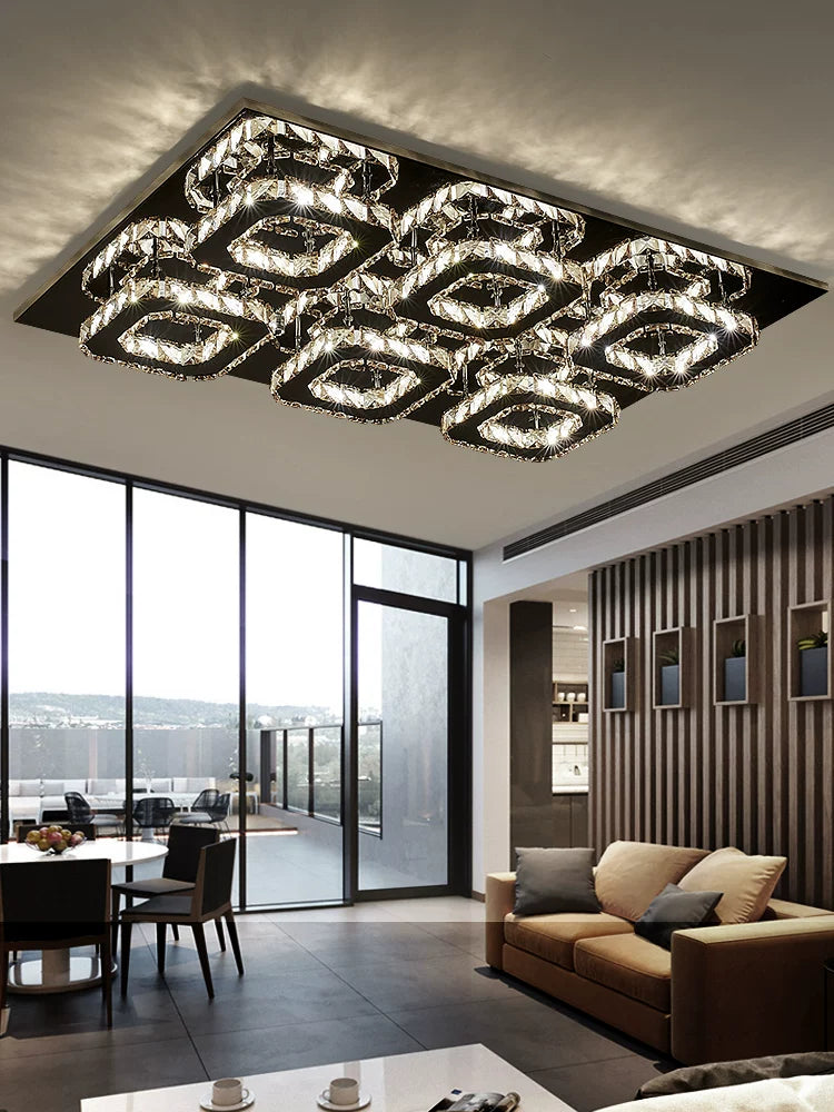 Modern LED Crystal Ceiling Light for Living Room, Rectangular Flush Mount Fixture