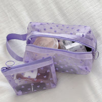Flocked Mesh Heart Cosmetic Bag, Portable Transparent Storage Pouch
