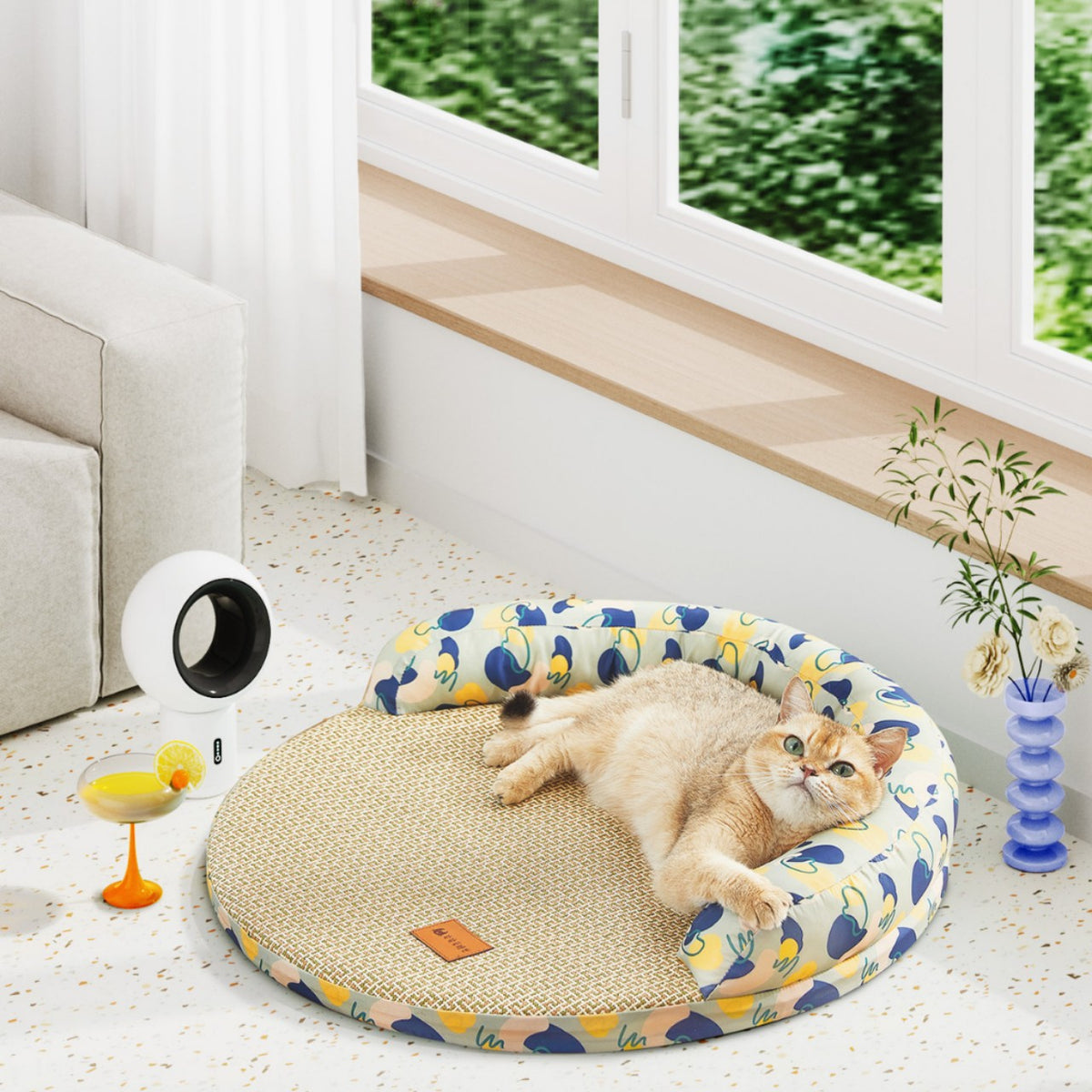 Pet Cooling Mat Sofa Bed with Removable Rattan Mat for Cats and Small Dogs
