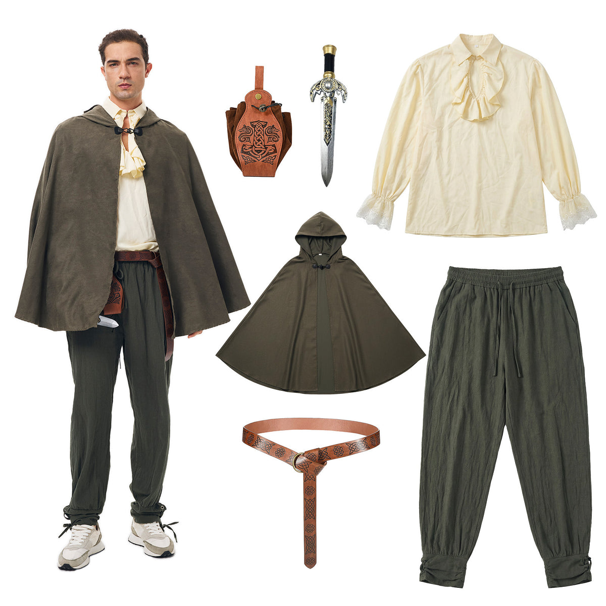 Men's Renaissance Victorian Ruffled Medieval Pirate Knight Halloween Costume Set