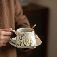 Hand-Painted 3D Floral Ceramic Coffee Cup and Saucer Set with Spoon, High-Value Breakfast Mug Gift for Women