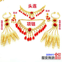 Ethnic Indian Belly Dance Jewelry Set with Headpiece, Necklace, Bracelet, Earrings, and Finger Nails