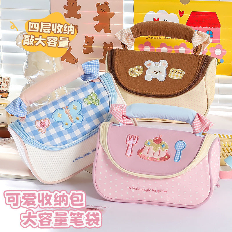 Plaid Sweetheart Butterfly Multi-layer Pencil Case with Handle, Large Capacity Stationery Bag