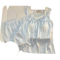 Women's Ice Silk Pajama Set with Built-in Bra Pads, Short Sleeve Lace Trim Homewear