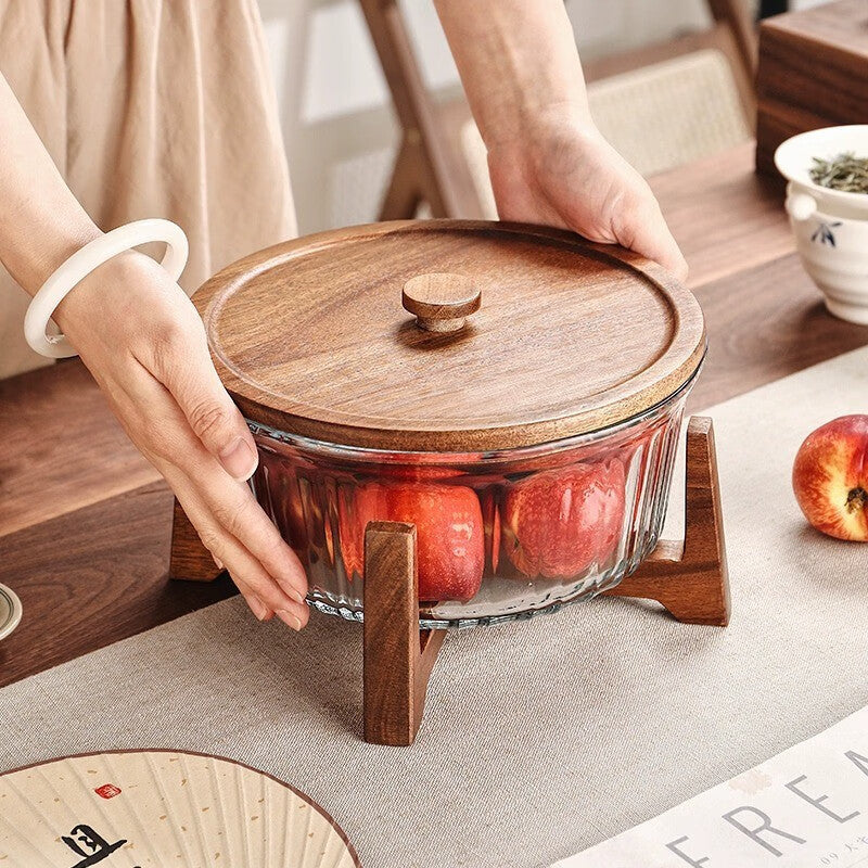 Genuace Glass Fruit Bowl with Lid and Wooden Base for Living Room, Coffee Table, Office