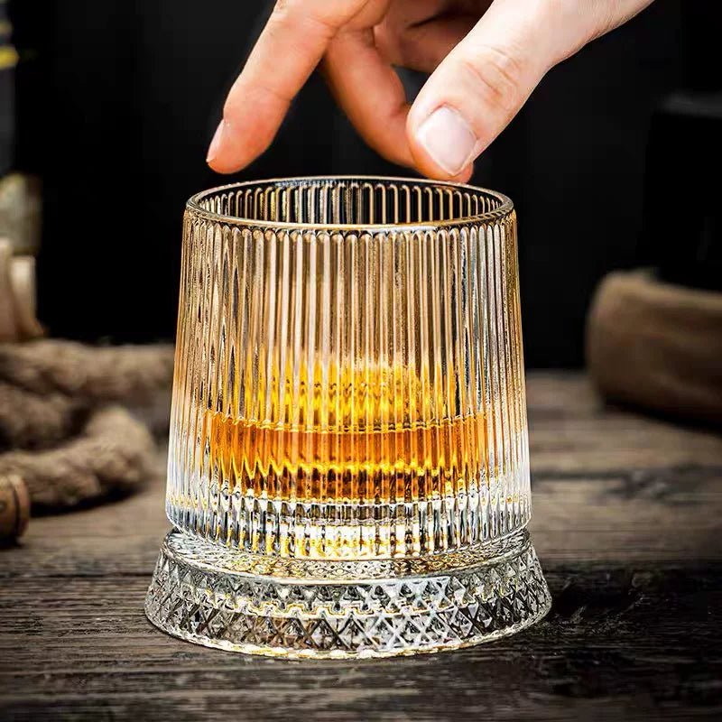 Rotating Whiskey Glass with Glass Base, Wine and Beer Tumbler for Home Bar