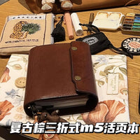 Vintage Brown M5 Loose-Leaf Leather Journal Notebook for Students & Travelers, Portable Pocket Diary with Lined/Grid/Blank Pages