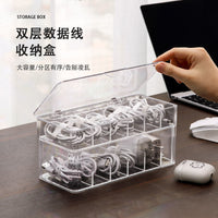 2-Layer Data Cable Storage Box with Lid, Multi-Grid Organizer for Phone Chargers & Power Cords
