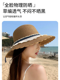 French Hepburn Style Straw Sun Hat for Women, Wide Brim Foldable Beach Fisherman Cap with Windproof Lanyard