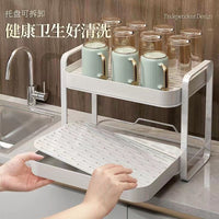 2-Tier Countertop Cup Drying Rack with Drain Tray for Kitchen and Living Room