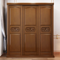 New Chinese Solid Wood Wardrobe with Mirror, Three-Door Sliding Storage Cabinet