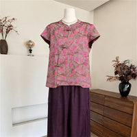 Chinese Style Floral Two-Piece Set with Stand Collar Top and Wide-Leg Pants