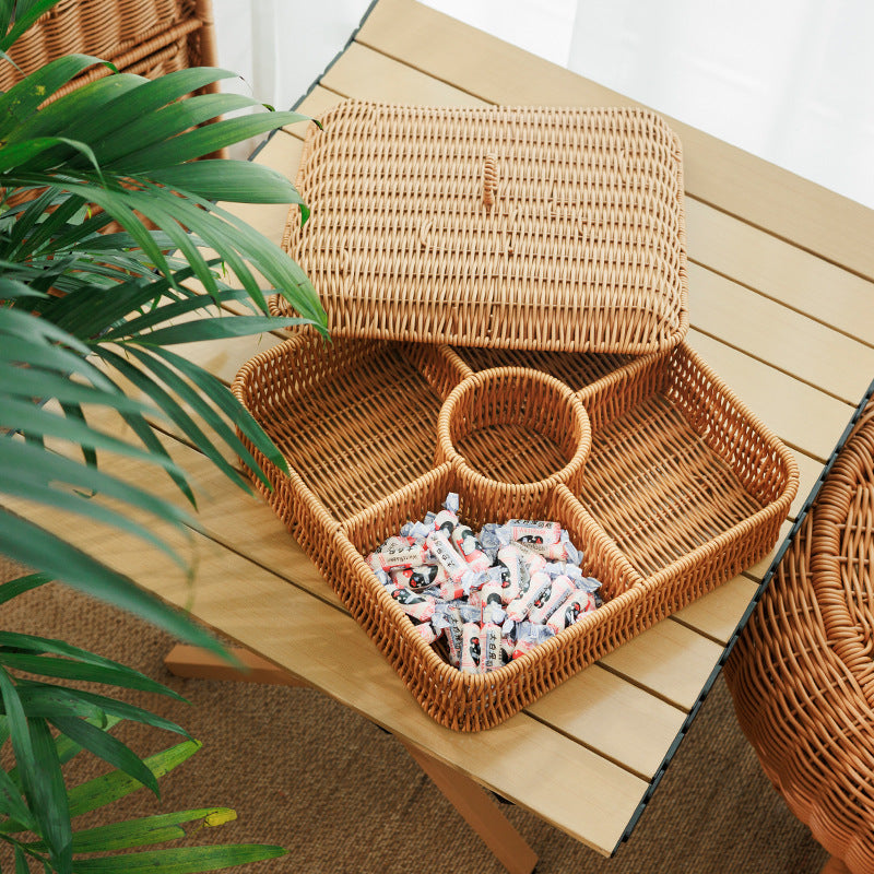 Handwoven Rattan-Style Divided Snack and Nut Serving Basket with Lid