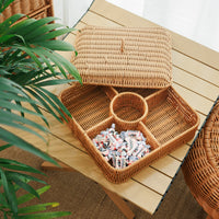 Handwoven Rattan-Style Divided Snack and Nut Serving Basket with Lid