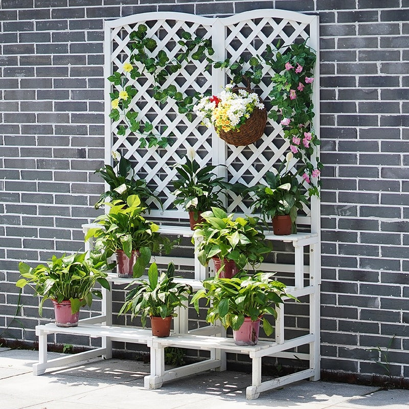 Outdoor Wood Planter with Trellis and Storage Shelf for Garden Patio Balcony