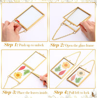 Pressed Flower Art Brass Hanging Frame with Glass Panels, DIY Display for Photos and Botanicals
