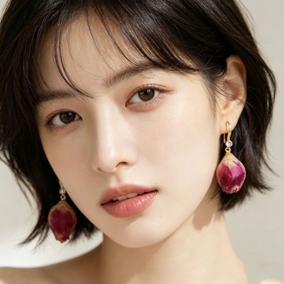 Red Rose Dried Flower Bud Earrings for Women, Romantic French Vintage Style