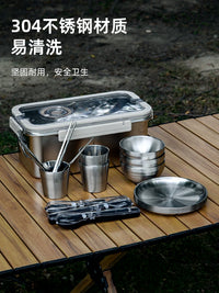 Lvteng Outdoor Portable 304 Stainless Steel Camping Picnic Tableware Set with Storage Box