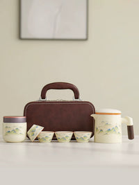 Portable Ceramic Travel Tea Set with 1 Pot, 4 Cups & Canister for Outdoor Camping & Gifts