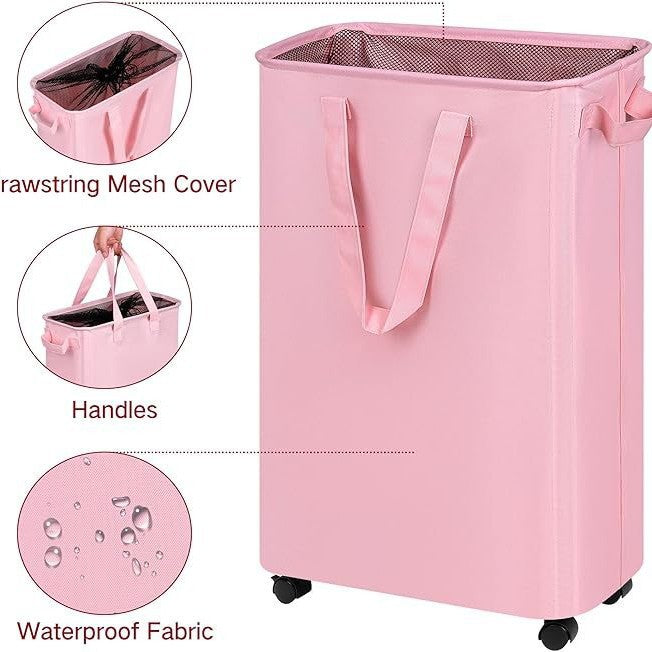 Foldable Laundry Hamper with Wheels, Waterproof Dirty Clothes Storage Basket for Bedroom & Bathroom