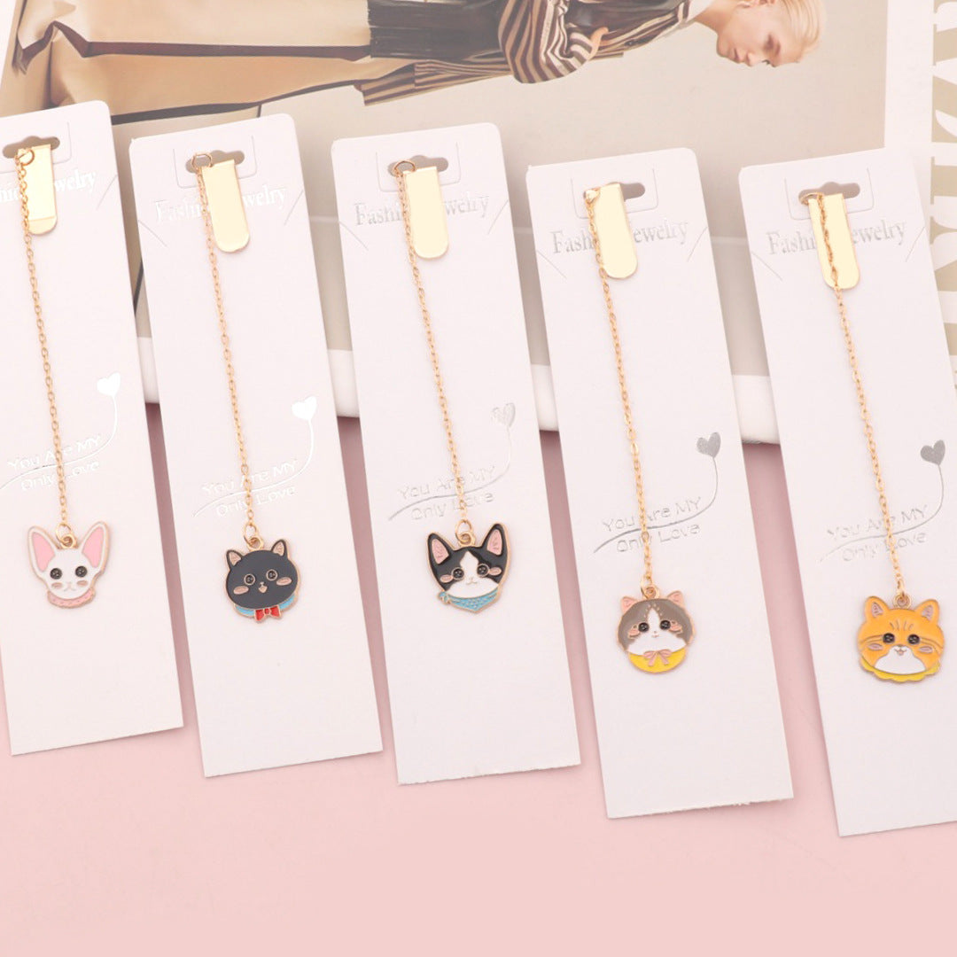 Cute Cartoon Cat Metal Bookmark with Pendant for Students