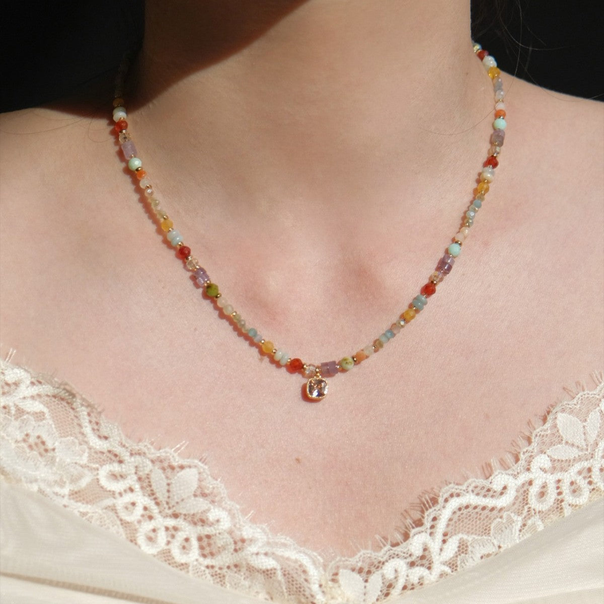 French Vintage Rainbow Beaded Necklace Dopamine Collarbone Chain