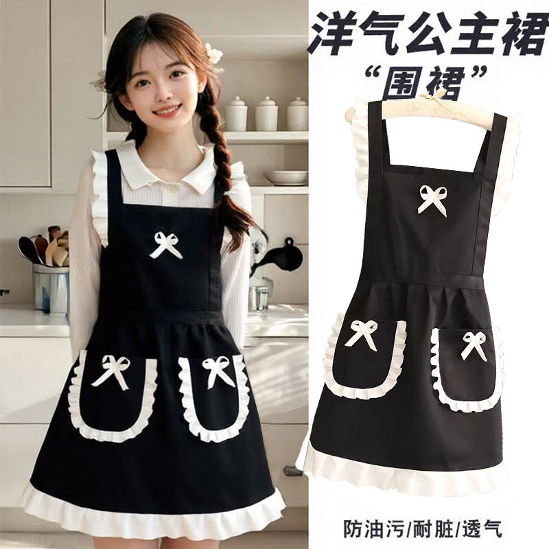 Korean Style Princess Apron Maid Uniform for Women, Breathable Kitchen Cooking Workwear