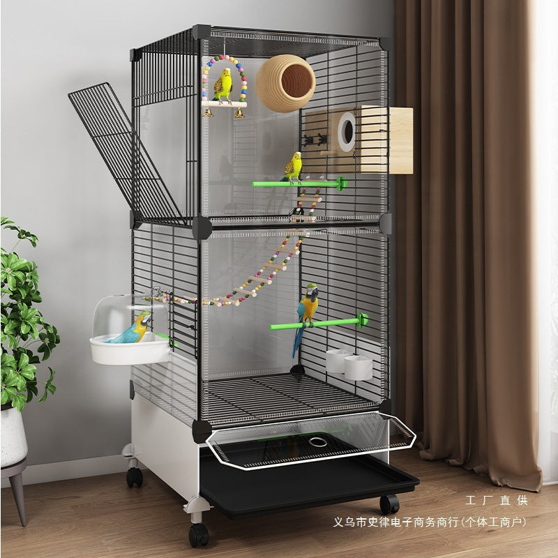 Large Double-Layer Bird Cage with Anti-Splash Guard for Parrots, Budgies, Cockatiels, Mynahs - Deluxe Villa Style