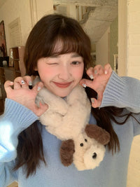 Japanese Style Puppy Plush Cross Scarf for Women, Thickened Warm Winter Neck Warmer