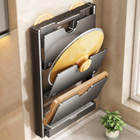 Wall-Mounted Pot Lid Holder with Suction Cup or Adhesive, Foldable Kitchen Organizer for Cutting Boards and Lids