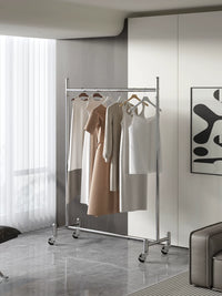 Minimalist Stainless Steel Rolling Garment Rack with Wheels, Heavy Duty Clothes Drying Rack for Commercial and Home Use