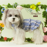 Tony Bear Dog Dress for Small to Medium Breeds - Blue Plaid Floral Lace Trim Summer Pet Apparel for Schnauzer, Teddy, Bichon