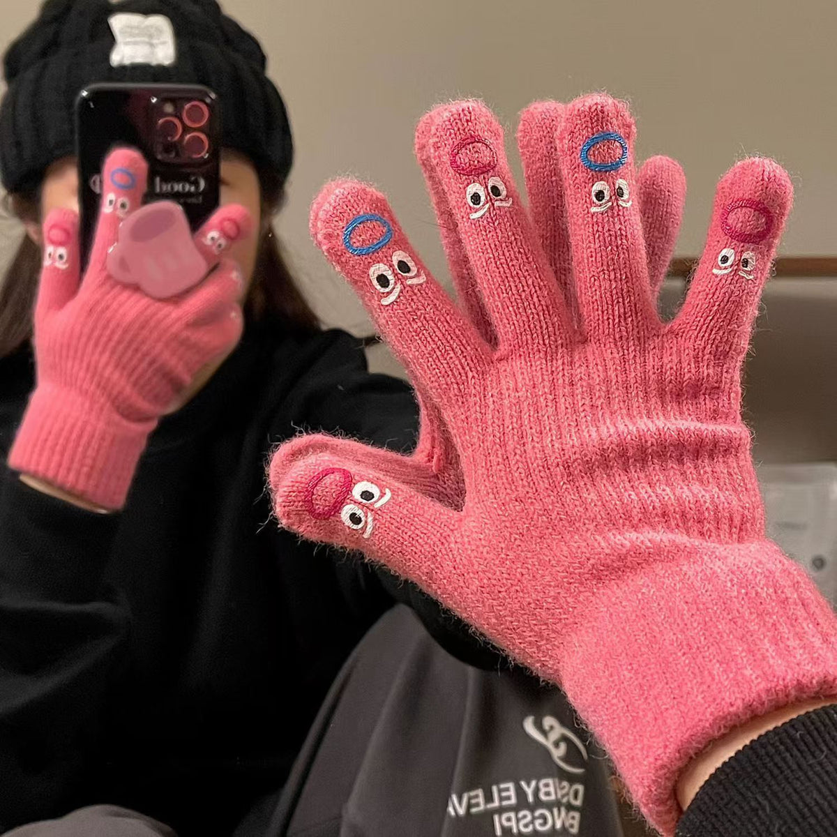 Cute Cartoon Expression Touchscreen Five-Finger Gloves for Winter Cycling