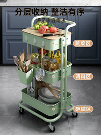 3-Tier Rolling Utility Cart with Handle and Hanging Basket, Heavy-Duty Carbon Steel Storage Organizer for Kitchen, Living Room, Nursery, Bathroom