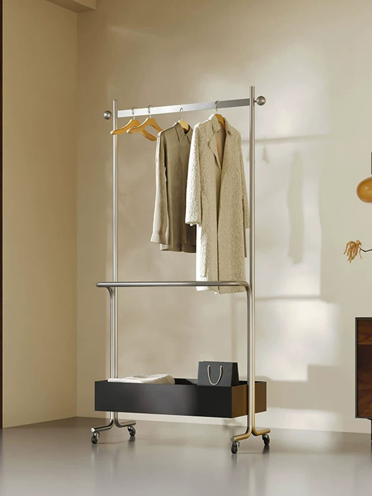 Mid-Century Modern Stainless Steel Garment Rack with Storage Cabinet