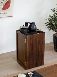 Solid Wood Mobile Tea Cart with Storage, New Chinese Style Side Table for Small Spaces, Walnut Finish
