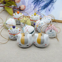 Ceramic Lucky Cat Bell Charm for Bags and Car Decor, Handmade Animal Pendant with Wooden Fish Bell, Student Gift